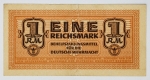 Alemanha - 2ª Guerra - 1 Reichsmark para o exército nazista - Raro, pequena ruptura acima da letra N de `eine`. Item não promove ou glorifica violência ou intolerância racial. Está à venda apenas para fins de preservação da memória histórica. Organização do leilão não faz apologia a quaisquer movimentos políticos ou ideológicos, e repudia qualquer ideologia de cunho racista.
