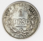 Numismática Uruguai - 1 peso, 1895 - Prata, KM 17a - Prata 900, 25g