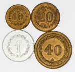 Numismática Brasil - 4 fichas - 40, 20, 10 e 1 - No triângulo, as iniciais JFC
