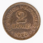 Numismática Portugal - 2 centavos, 1920 - Cunho partido no zero da data.