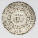 Numismática Brasil - 3º Sistema monetário - 1000 Réis - 2º tipo - Retirada de coleção - Prata - 1859