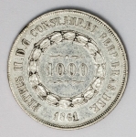 Numismática Brasil - 3º Sistema monetário - 1000 Réis - 2º tipo - Retirada de coleção - Prata - 1861