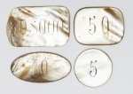 Numismática Brasil - Fichas 04 do Jockey Clube do Rio de Janeiro - 50$000 Réis - 5, 10 e 50 - Madrepérola - Maior com 55x35mm