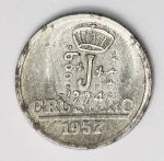 Numismática Brasil - 1 Cruzeiro, 1957, com curioso carimbo J - 600 1774 - Pertenceu à coleção J. Vinicius
