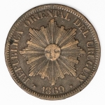 Numismática Uruguai - 4 centésimos, 1869 - KM 13