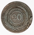 Numismática Uruguai - 20 centésimos, 1869 - KM 13