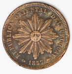 Numismática Uruguai - 40 centésimos, 1857 - KM 10 - 35g - Cobre
