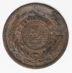 Numismática Uruguai - 2 Centésimos, 1869 A - Excelente estado - KM 12