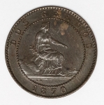 Espanha - 2 Cêntimos, 1870 - OM - Linda - KM 661