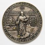 Numismática Brasil - Medalha 4º Centenário de São Paulo/Exposição Numismática Comemorativa - Sociedade Numismática Brasileira - Gravador Montini - K. Prober, 26 P, prata contrastada - 70mm, 100 peças cunhadas - 118g, prata 900