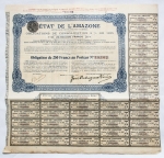 Escripofilia - Vertente da numismática com crescimento contínuo, por sua beleza ou na busca de possível resgate. Exemplar relacionado com o Brasil. Estado do Amazonas - Paris 1916