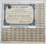 Escripofilia - Vertente da numismática com crescimento contínuo, por sua beleza ou na busca de possível resgate. Exemplar relacionado com o Brasil. Estado do Amazonas - Paris 1916