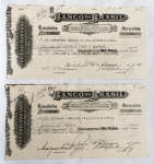 Escripofilia - Vertente da numismática com crescimento contínuo, por sua beleza ou na busca de possível resgate. Exemplar relacionado com o Brasil. 2 cautelas de ações do Banco do Brasil. 1 plena II Guerra e uma pós guerra