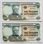 Numismática - Cédulas de reposição seriadas. Flor de estampa - Moçambique, letra Z, reposição - 2 peças