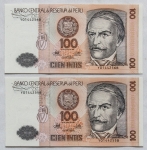 Numismática - Cédulas de reposição seriadas. Flor de estampa - Peru, 100 Intis - Letra Y (reposição) - 2 peças