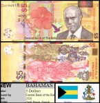 BAHAMAS - CEDULA DE 5 DOLLARS  DO ANO 2020 HOMENAGEM A SR CECIL WALLACE NO REVERSO DANÇA JUNKANE - C