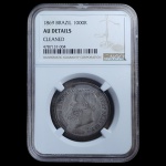 BRASIL: 1000 RÉIS, 1869, P.632 - PRATA - GRADUACAO NGC AU DET (LIMPA) SOBERBA / FLOR DE CUNHO
