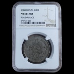 BRASIL: 200 RÉIS, 1880, V.022 - GRADUACAO NGC AU DET (MOSSAS) SOBERBA / FLOR DE CUNHO