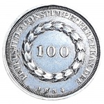 Moeda do Brasil:  100 Réis    1834    Série de Cruzados    Prata (.917)    AI P 520    Sob / FC
