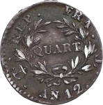 Moeda da França - 1/4 franco - 1803 - Prata (.900) - 1.25 g - 15 mm - KM# 65.9 (Nantes) - Napoleão B