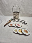 Lote de balde de gelo em metal prateado, 6 porta copos em porcelana, etc. Medindo o balde de gelo 13cm x 13cm de altura.