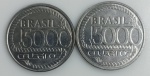 LOTE CONTENDO 2 MOEDAS DE 5000 CRUZEIROS - ANO 1992 - TIRADENTES - AÇO INOX - 10 GRAMAS - 31 MM - MBC - NO ESTADO CONFORME FOTOS