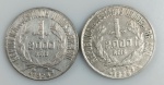 LOTE CONTENDO 2 MOEDAS DE 2000 REIS - ANOS 1924 E 1926 - MOCINHA - PRATA 0,500 - 8 GRAMAS - 26 MM - MBC - NO ESTADO CONFORME FOTOS