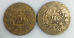 LOTE CONTENDO 2 MOEDAS DE 1000 REIS - ANO 1927 - BRONZE-ALUMINIO - 8 GRAMAS - 27 MM - MBC - NO ESTADO CONFORME FOTOS