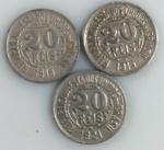LOTE CONTENDO 3 MOEDAS DE 20 REIS - ANOS 1919 (2) E 1921 - CUPRONIQUEL - 2 GRAMAS - 15,5 MM - MBC - NO ESTADO CONFORME FOTOS