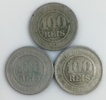 LOTE CONTENDO 3 MOEDAS DE 100 REIS - REPUBLICA -  ANOS 1893, 1896, 1897 - CUPRONIQUEL - 10 GRAMAS - 27 MM - MBC - NO ESTADO CONFORME FOTOS