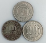 LOTE CONTENDO 3 MOEDAS DE 100 REIS - ANOS 1920, 1925 E 1934 - CUPRONIQUEL - 5 GRAMAS - 21 MM - MBC - NO ESTADO CONFORME FOTOS