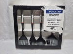 Jogo de utensílios com 4 peças em aço inox Tramontina com ponteira de plástico duro, modelo Moderne. Medindo a concha 35cm de comprimento. Novo, sem uso.