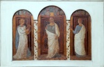 ARTE SACRA, FIGURAS LITURGICA DO SECULO PASSADO, ÓLEO SOBRE MADEIRA TALHADA COM FOLIAÇÃO A OURO  90
