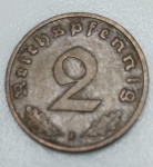 MOEDA ALEMANHA TERCEIRO REICH - 2 REICHSPFENNIG 1939 - BRONZE - 3,31 GRAMAS - 20,2MM - MBC/SOB - NO ESTADO CONFORME FOTOS