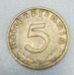 MOEDA ALEMANHA TERCEIRO REICH - 5 REICHSPFENNIG 1938 - ALUMINIO-BRONZE - 2,53 GRAMAS - 18,2MM - MBC/SOB - NO ESTADO CONFORME FOTOS