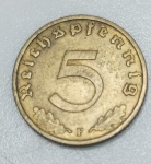 MOEDA ALEMANHA TERCEIRO REICH - 5 REICHSPFENNIG 1938 - ALUMINIO-BRONZE - 2,53 GRAMAS - 18,2MM - MBC/SOB - NO ESTADO CONFORME FOTOS