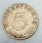MOEDA ALEMANHA TERCEIRO REICH - 5 REICHSPFENNIG 1939 - ALUMINIO-BRONZE - 2,53 GRAMAS - 18,2MM - MBC/SOB - NO ESTADO CONFORME FOTOS
