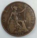 MOEDA REINO UNIDO 1 PENNY 1919 -  REI GEROGE V - BRONZE - 9,45 GRAMAS - 30,8MM - MBC - NO ESTADO CONFORME FOTOS