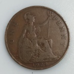 MOEDA REINO UNIDO 1 PENNY 1929 -  REI GEROGE V - BRONZE - 9,45 GRAMAS - 30,8MM - MBC - NO ESTADO CONFORME FOTOS