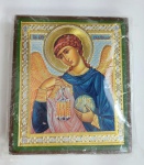 Rússia - Lindo, Pequeno e Sem uso Ícone Ortodoxo Russo - ARCANJO GABRIEL  - Madeira - Medida: 7,5 cm x 6,5 cm x 1,5 cm. Produto Importado. Conforme fotos.