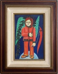 TIAGO AMORIM -  Obra em acrílica sobre tela "anjo", assinada canto inferior direito, proteção moldura de madeira e paspatur. Possui recorte biográfico no verso. Medida da obra 20 x 30cm. Medida total 38 x 48cm.