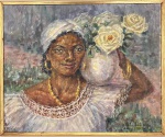 MARIA COELHO LEPAGE (1911/2007) -Oleo sobre tela, "baiana com flores", assinada no canto inferior direito, datada 1988, protegida por moldura de madeira com duração e paspatur. Acervo Mauro Balsaloba Leiva. Medida da obra 38 x 47cm. Medida total 52 x 60cm.