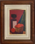 LUCAS - Óleo sobre tela sobre placa, "natureza morta", assinada no canto inferior direito, datada 1974, proteção de paspatur, filete dourado e moldura de madeira acastanhada. Medida da obra 15 x 23cm. Medida total 32 x 40cm.