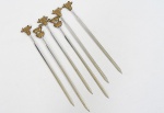Jogo de com 6 espetos em metal e bronze, para petiscos e fondue.  23cm