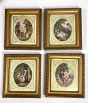 Quatro quadrinhos com moldura em madeira e reprodução de antigas cenas galantes. Medidas: 18 x 16 cm