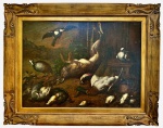 Pintura Europeia, assinatura não identificado, verso com cache, oleo s/ tela, medindo: 1,19 m x 88 cm e 1,49 m x 1,18 m