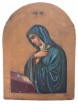 Lindo Ícone russo, Virgem Maria, oleo s/ placa de madeira e talha em baixo relevo, medindo: 27 cm x 36 cm