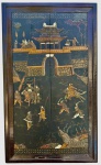 Extraordinario painel dupla fase oriental, Apliques, madrepérola e outros s/ madeira laqueada em alto relevo, medindo: 1,00 m x 52 cm