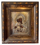 Ícone Russo - Prata em alto relevo, representando Virgem Maria e Menino Jesus, medindo: 17 cm x 13 cm e 27 cm x 30 cm