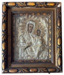Ícone Russo - Prata em alto relevo, representando Virgem Maria e Menino Jesus, medindo: 19 cm x 14 cm e 22 cm x 27 cm